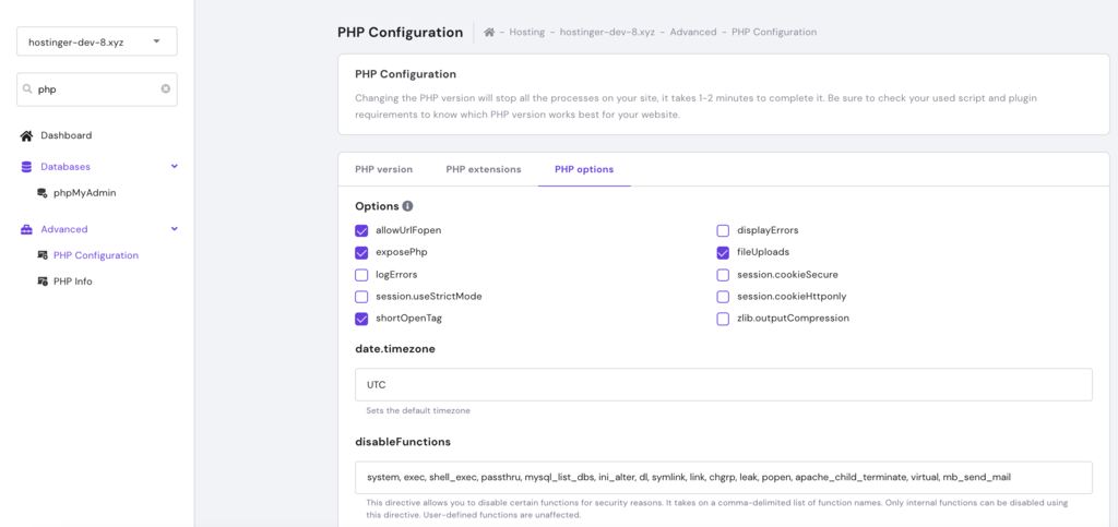 Changing PHP options in hPanel.