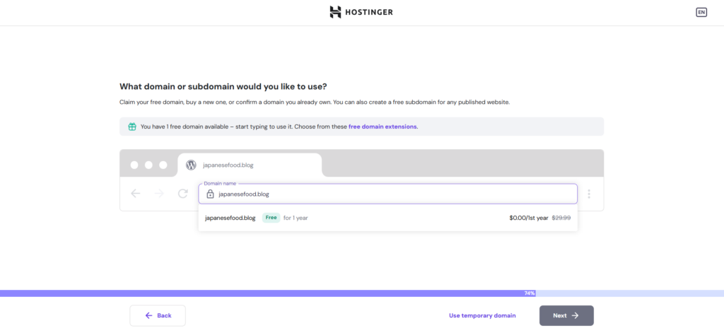 Domain name selection page in Hostinger's onboarding wizard