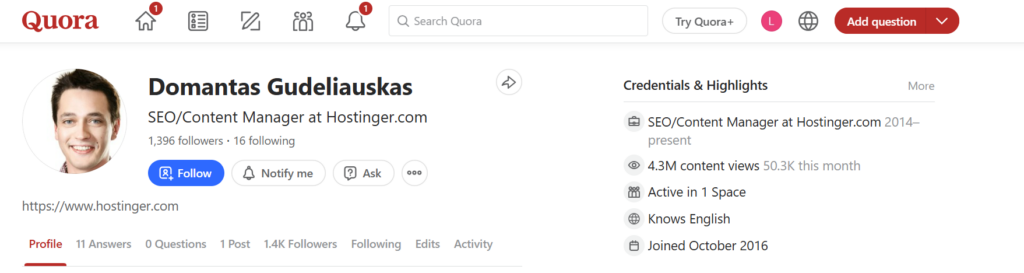 Domantas Gudeliauskas' Quora profile