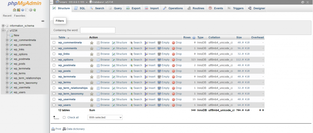 The phpMyAdmin interface showing default WordPress tables
