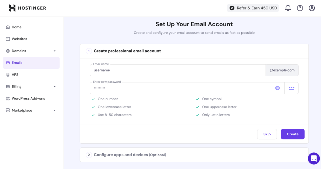 hPanel set up your email account step  1 create professional email account