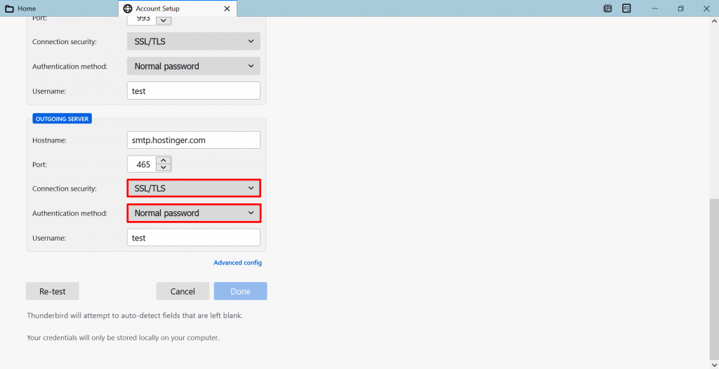 Screenshot from the Thunderbird's account setup showing where to choose SSL/TLS as a connection security method in the outgoing server.