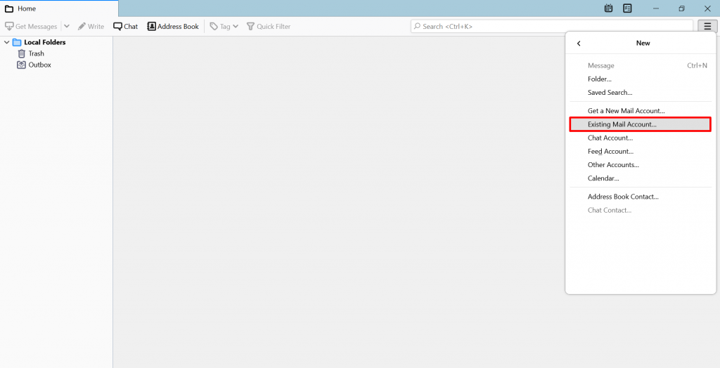 Screenshot from Thunderbird showing where to find the Existing Mail Account option.