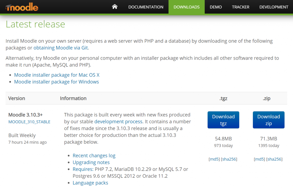 Moodle website latest release informaction