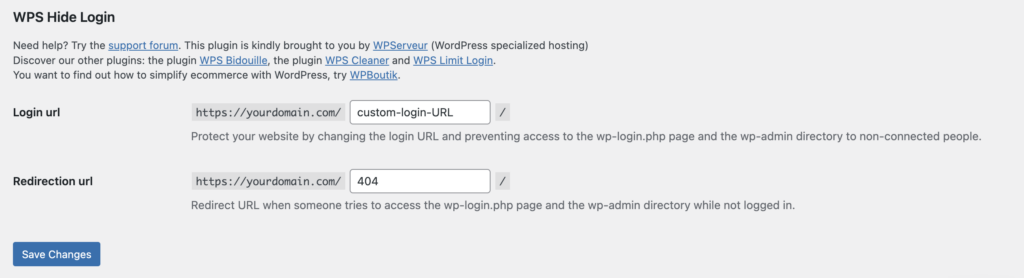 The WPS Hide Login section in WordPress settings