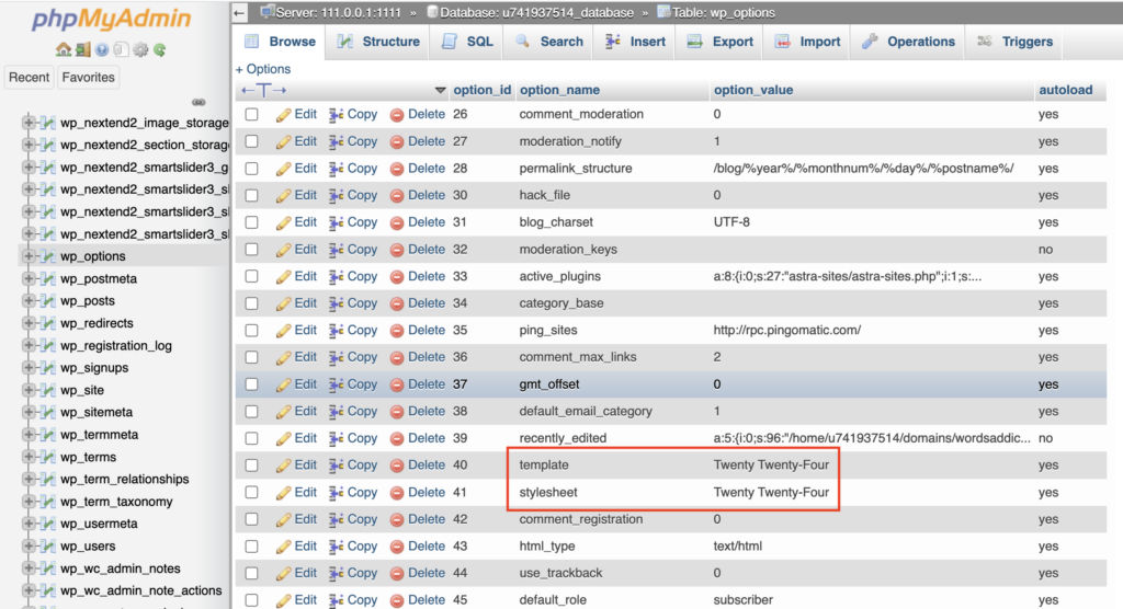 The interface of phpMyAdmin with the template and stylesheet rows highlighted in red