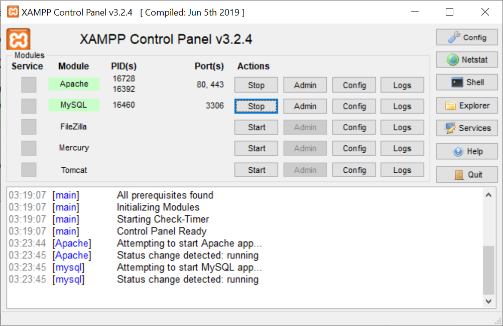 XAMPP control panel