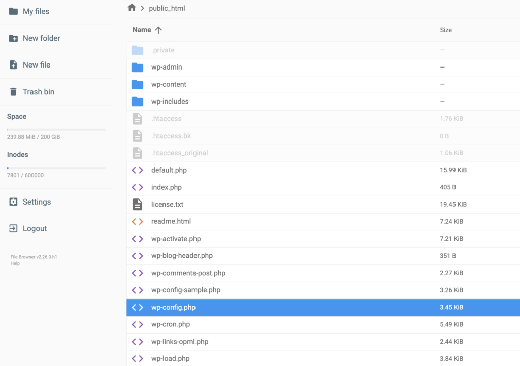 The wp-config.php file inside the public_html folder
