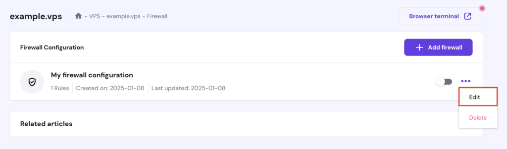 The Edit option next to a custom firewall configuration in hPanel's VPS
