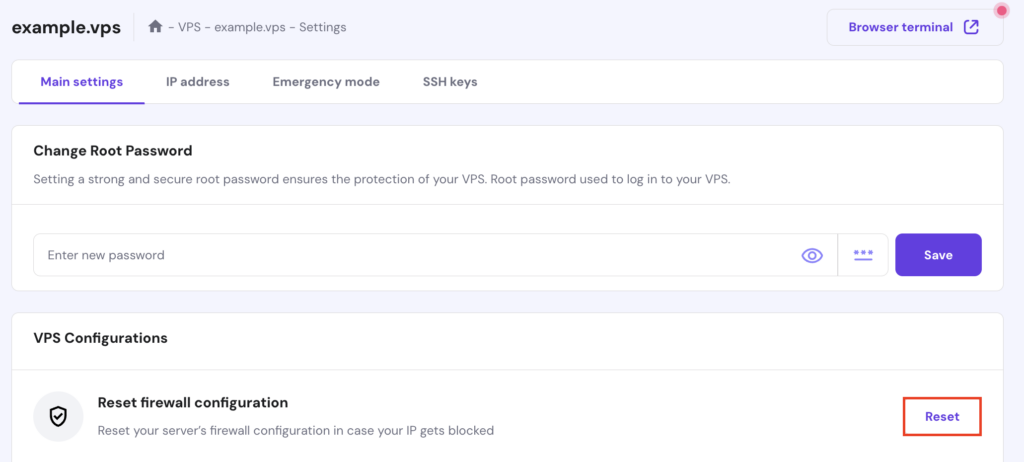 The Reset button next to the firewall option in hPanel's VPS
