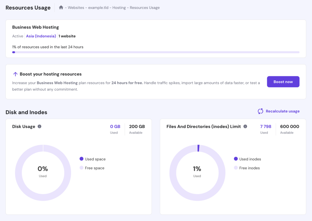 The Resources Usage page in hPanel
