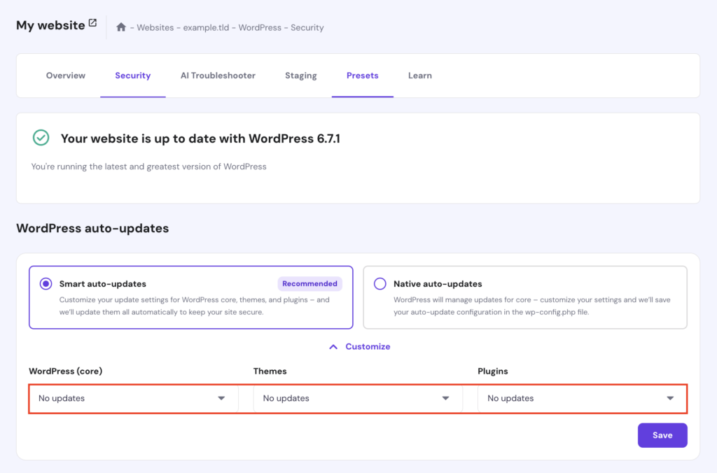 The No updates option for the WordPress (core), Themes, and Plugins fields in hPanel
