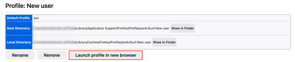 The Launch profile in new browser button in Firefox's About Profiles page