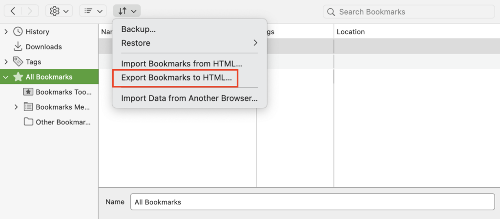 The Export Bookmark to HTML option in Firefox's bookmark manager