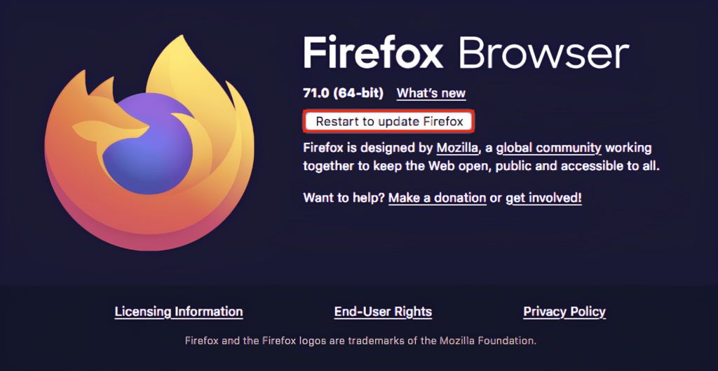 The Restart to update Firefox button in Firefox's updater popup dialog