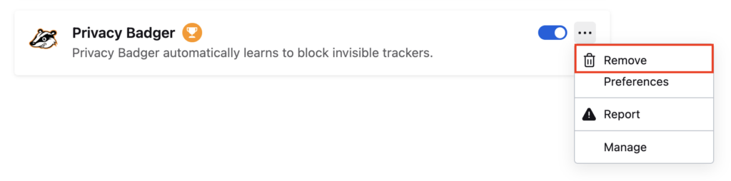 The Remove option in Firefox's extension manager