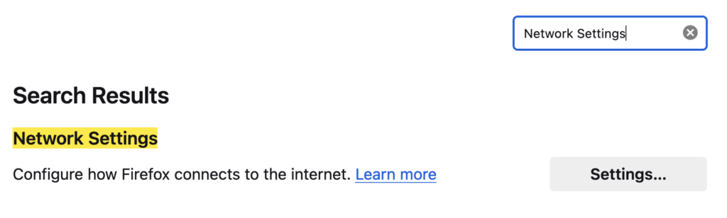 The Network Settings section in Firefox's Settings menu