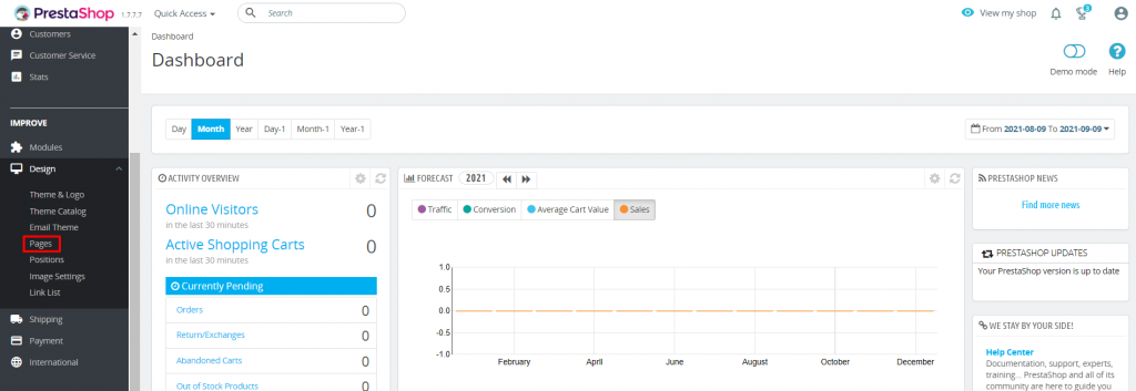 Where to locate the Pages sub-section on PrestaShop dashboard