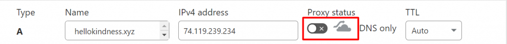 Toggling the proxy status button in the Cloudflare dashboard.