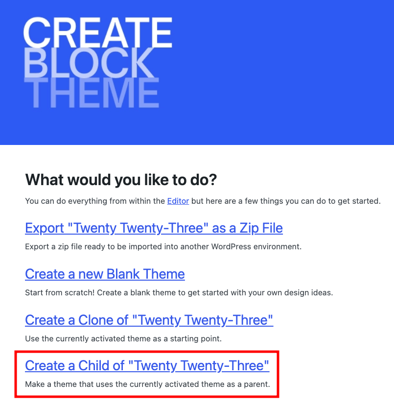 Create Block Theme interface in WordPress, highlighting the option to create a child theme