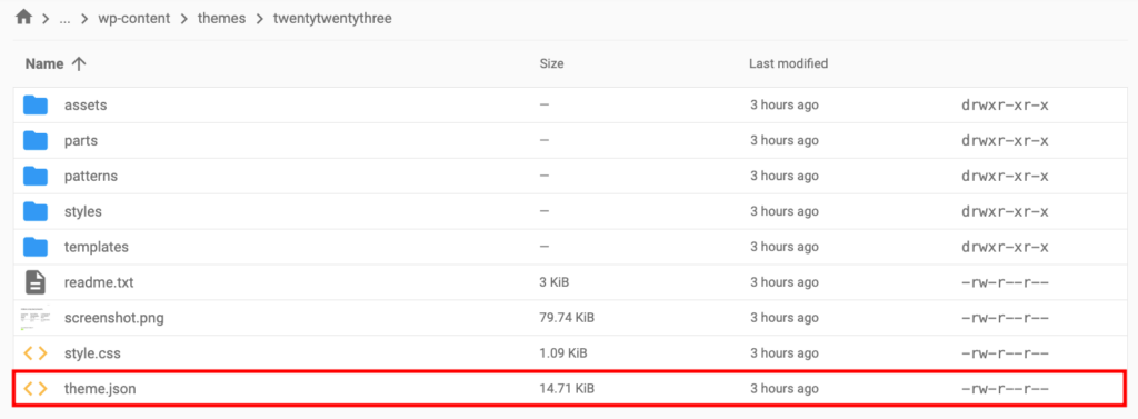 Locating the theme.json file in a theme folder