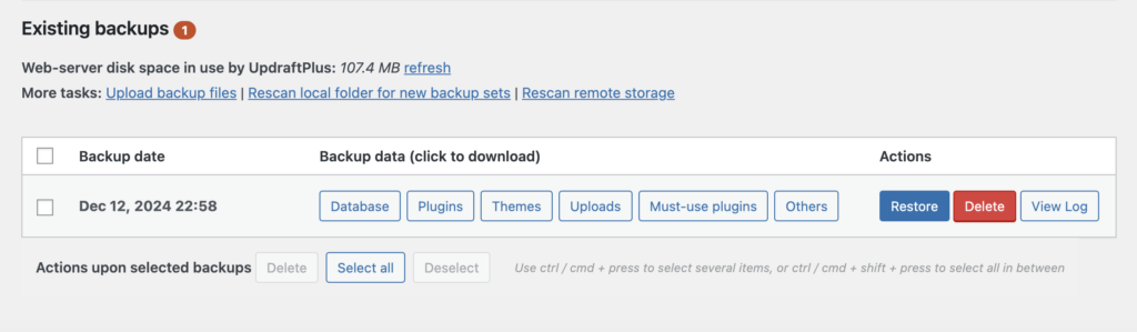 The Existing backups section on the UpdraftPlus plugin dashboard.