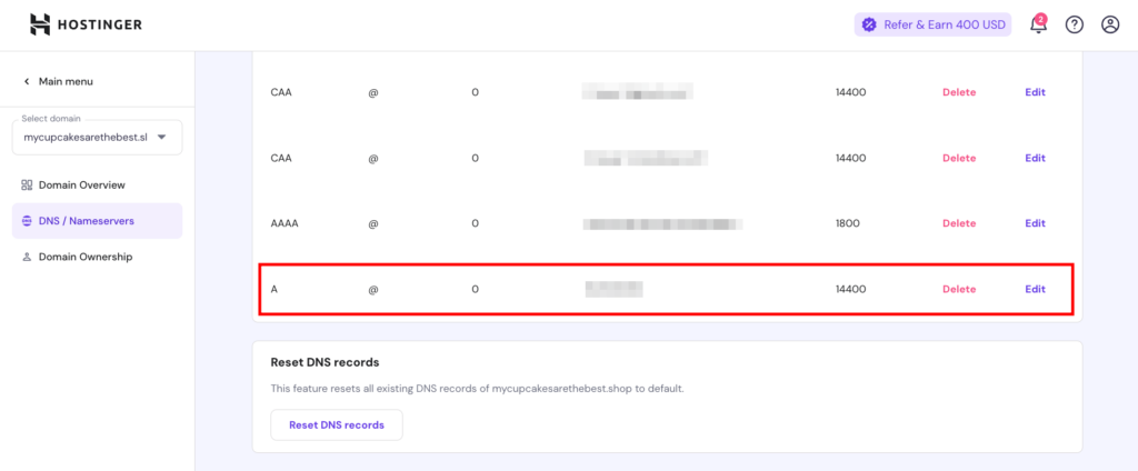 DNS records of a custom domain, highlighting the A record