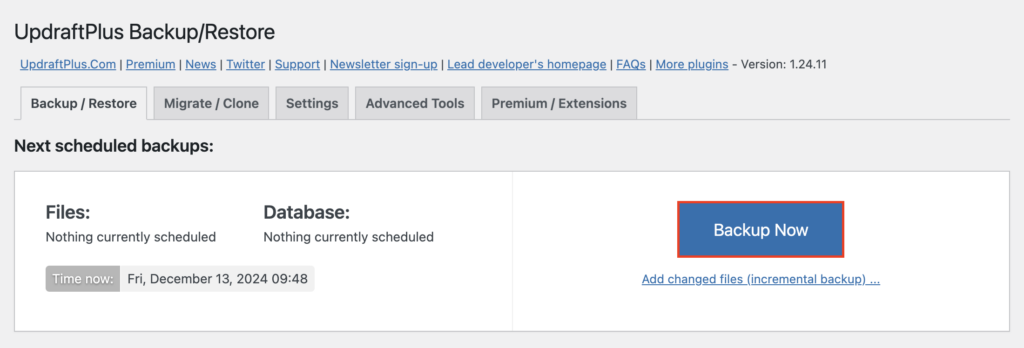 The Backup Now button under the Backup / Restore tab in UpdraftPlus plugin dashboard.