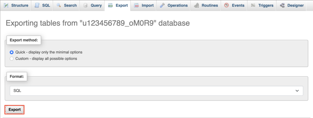 The Export button in the Export tab of phpMyAdmin.