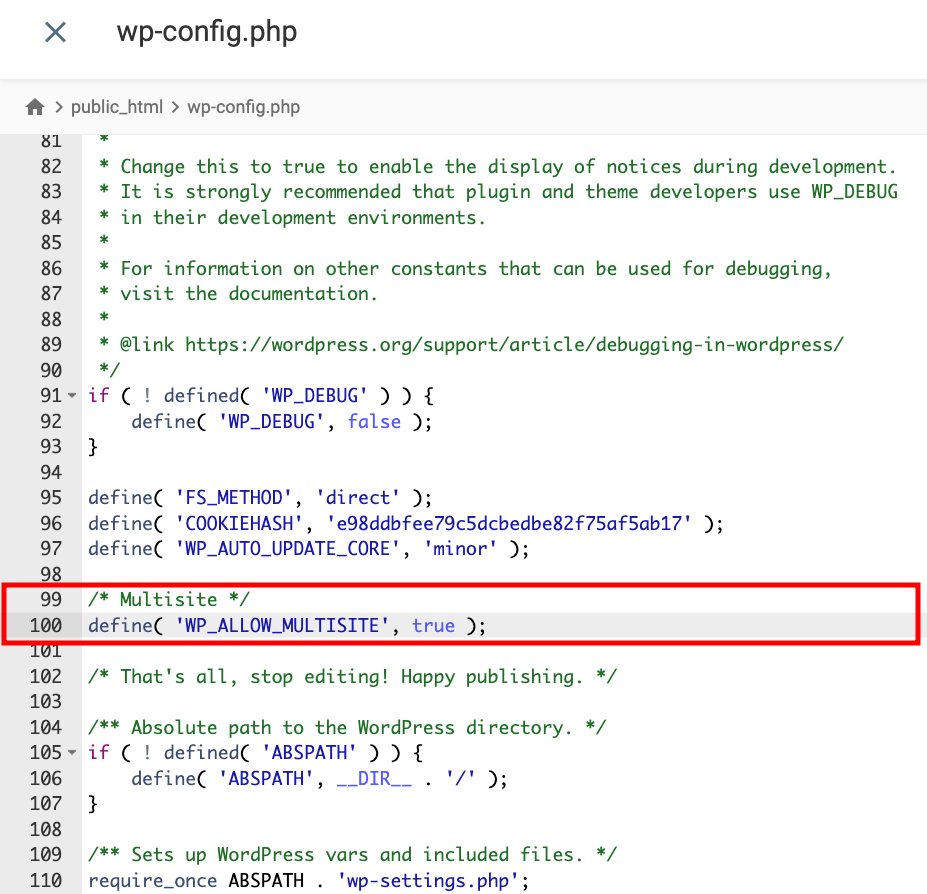 Modifying wp-config.php to enable WordPress Multisite