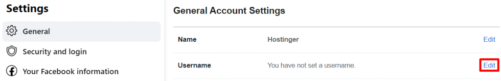 Facebook's General Account Setting under Settings with the Edit button highlighted
