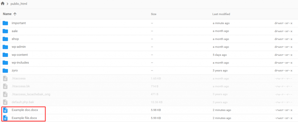 The public_html directory on hPanel with Example doc and Example file highlighted
