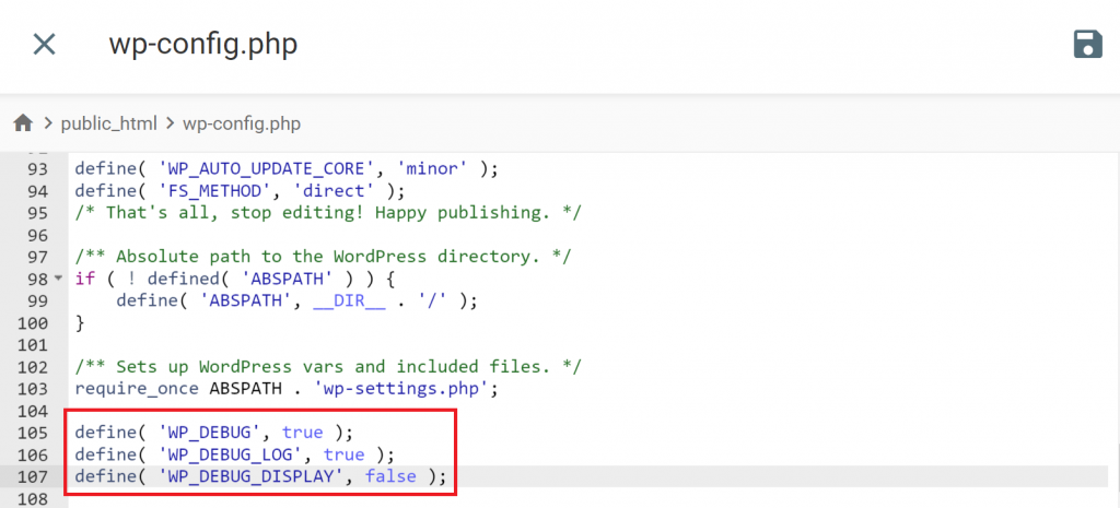 The WP_DEBUG code inside the wp-config.php file
