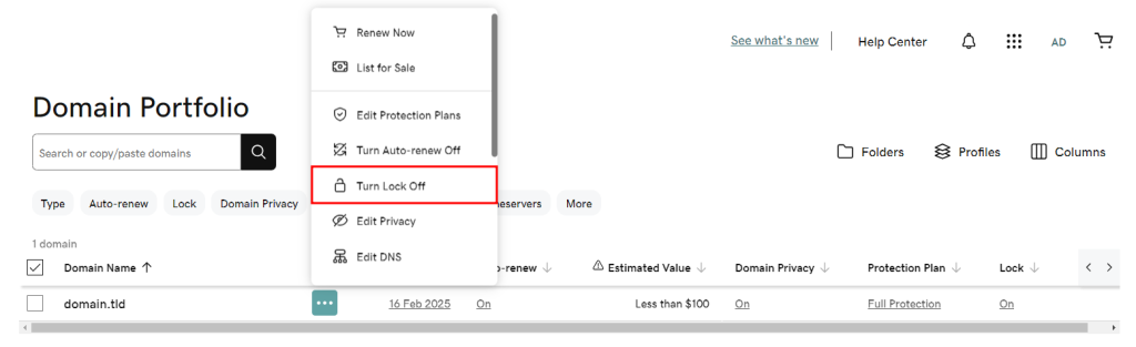 Turn Lock Off option in GoDaddy Domain Portfolio