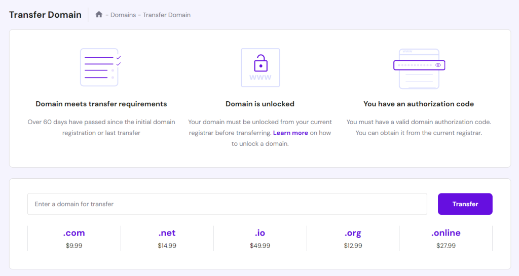 hPanel transfer domain page