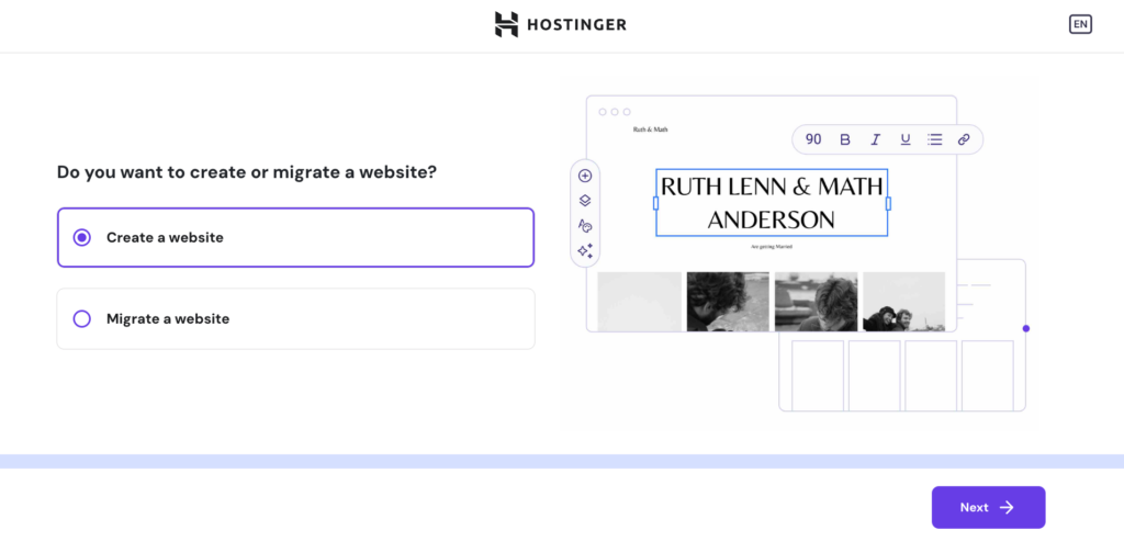 Hostinger onboarding screen showing the option to create or migrate a website