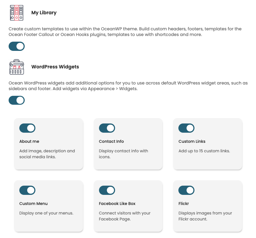 OceanWP panel, showing the Extra Settings tab
