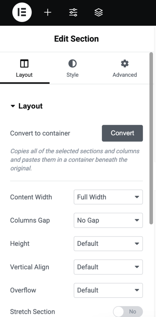 Public Opinion's layout settings in Elementor
