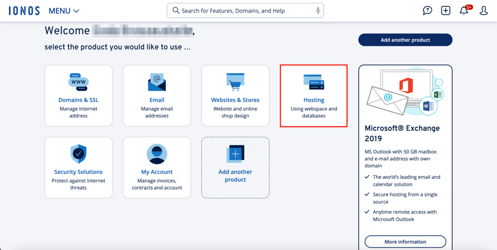 Ionos dashboard with the Hosting section highlighted