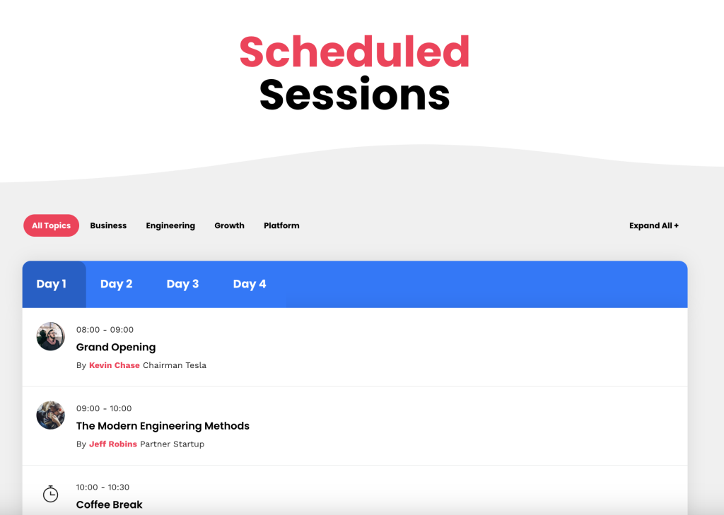 Scheduled sessions with tabs for various days