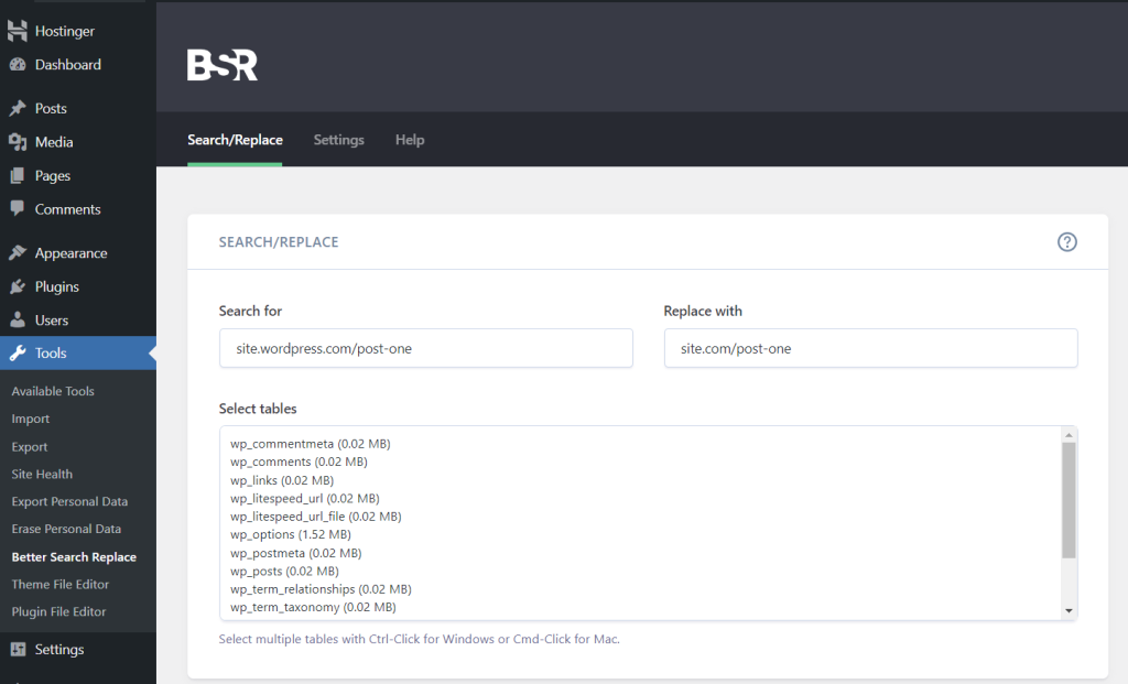 The Better Search Replace plugin interface in the WordPress dashboard