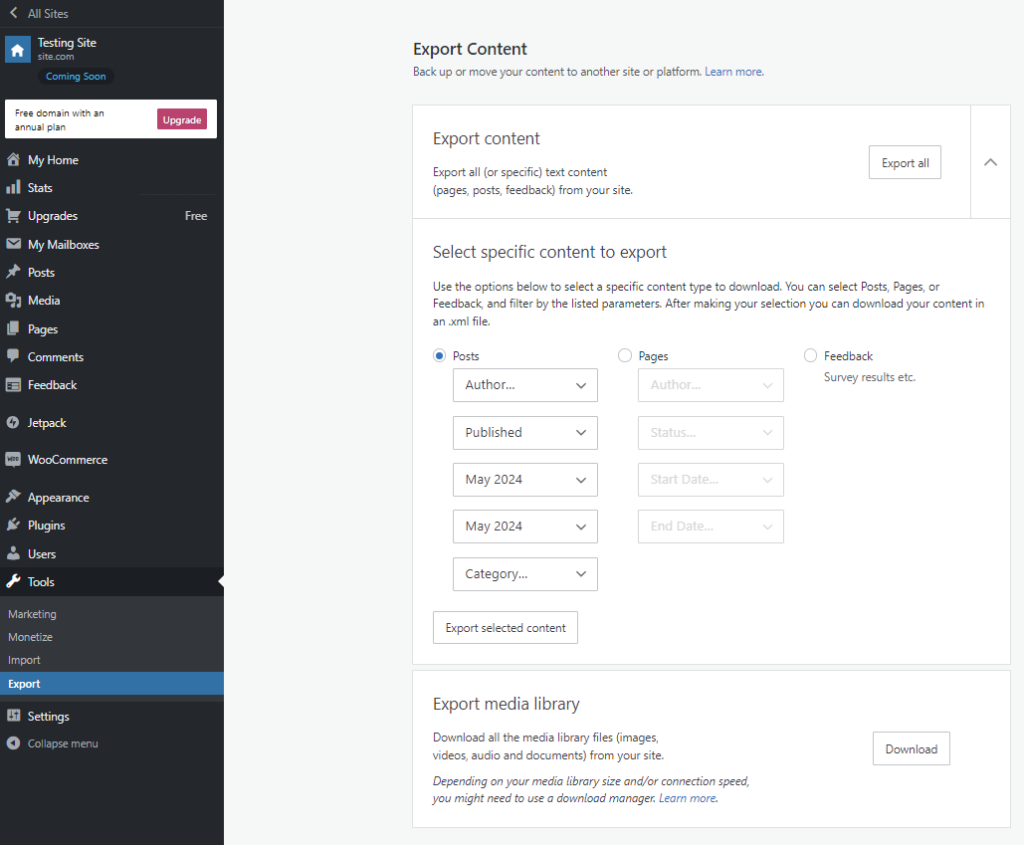 The Export Content section in the WordPress.com panel