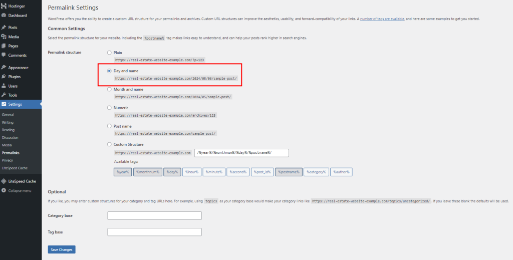 The Permalink Settings in the WordPress.org admin panel with the Day and name option highlighted in red