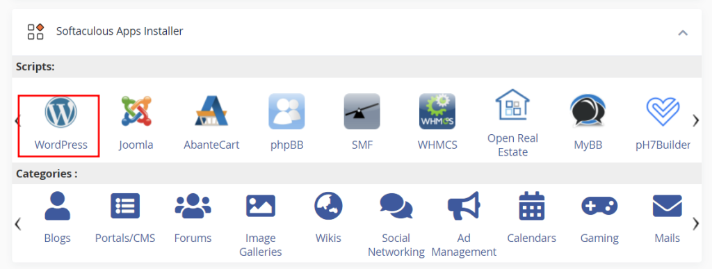 The Softaculous Apps Installer section in cPanel with WordPress highlighted in red