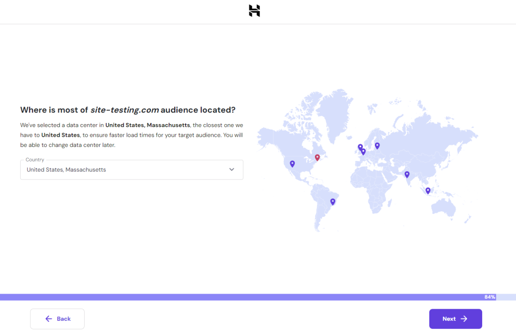The onboarding process in Hostinger's hPanel showing data center locations