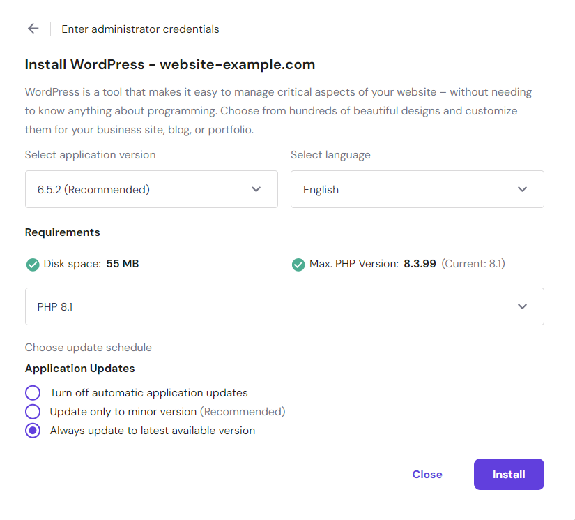 The popup menu to choose app and PHP versions and install WordPress in hPanel