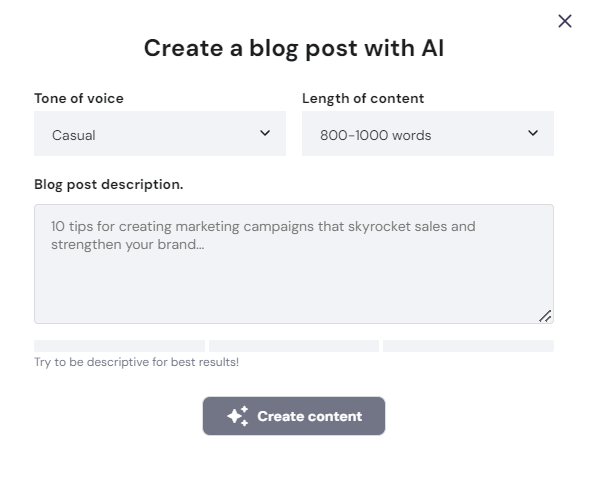 The Create a blog post with AI pop-up window on Hostinger Website Builder's AI Blog Generator