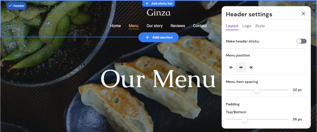The Header settings pop-up window on Ginza's Menu page's header
