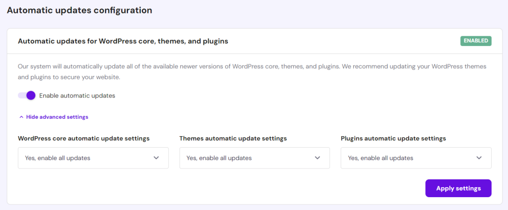 WordPress automatic updates configuration section in hPanel, showing advanced settings