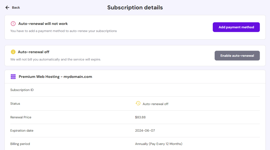 Subscription details in hPanel, where user can add a payment method and enable domain auto-renewal
